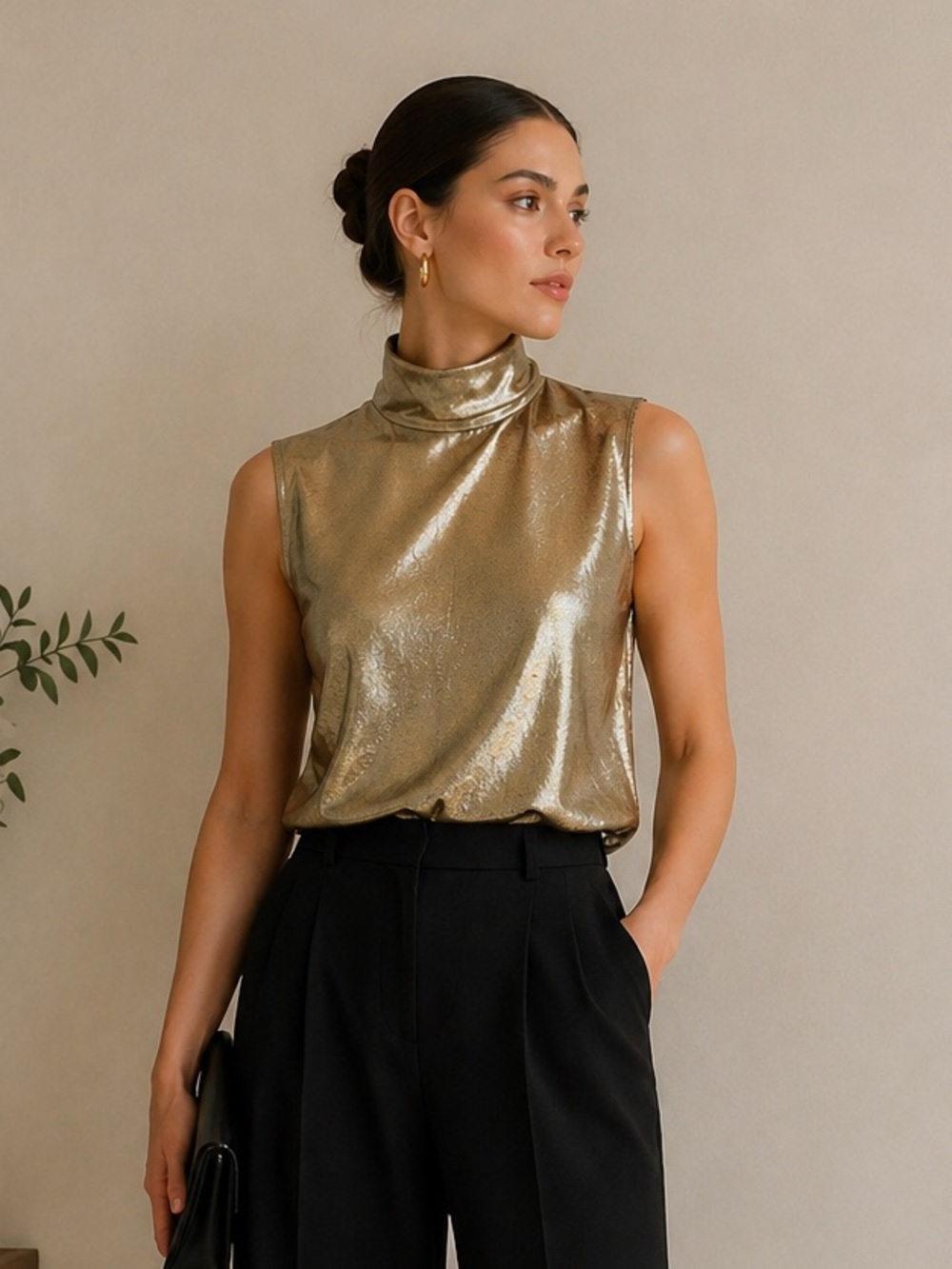 Vintage Christian Dior Metallic Gold Top 90s High Neck Sleeveless Luxury